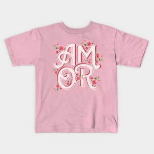 Mexican flowers design AMOR a la mexicana pink banner calligraphy decoration Kids T-Shirt